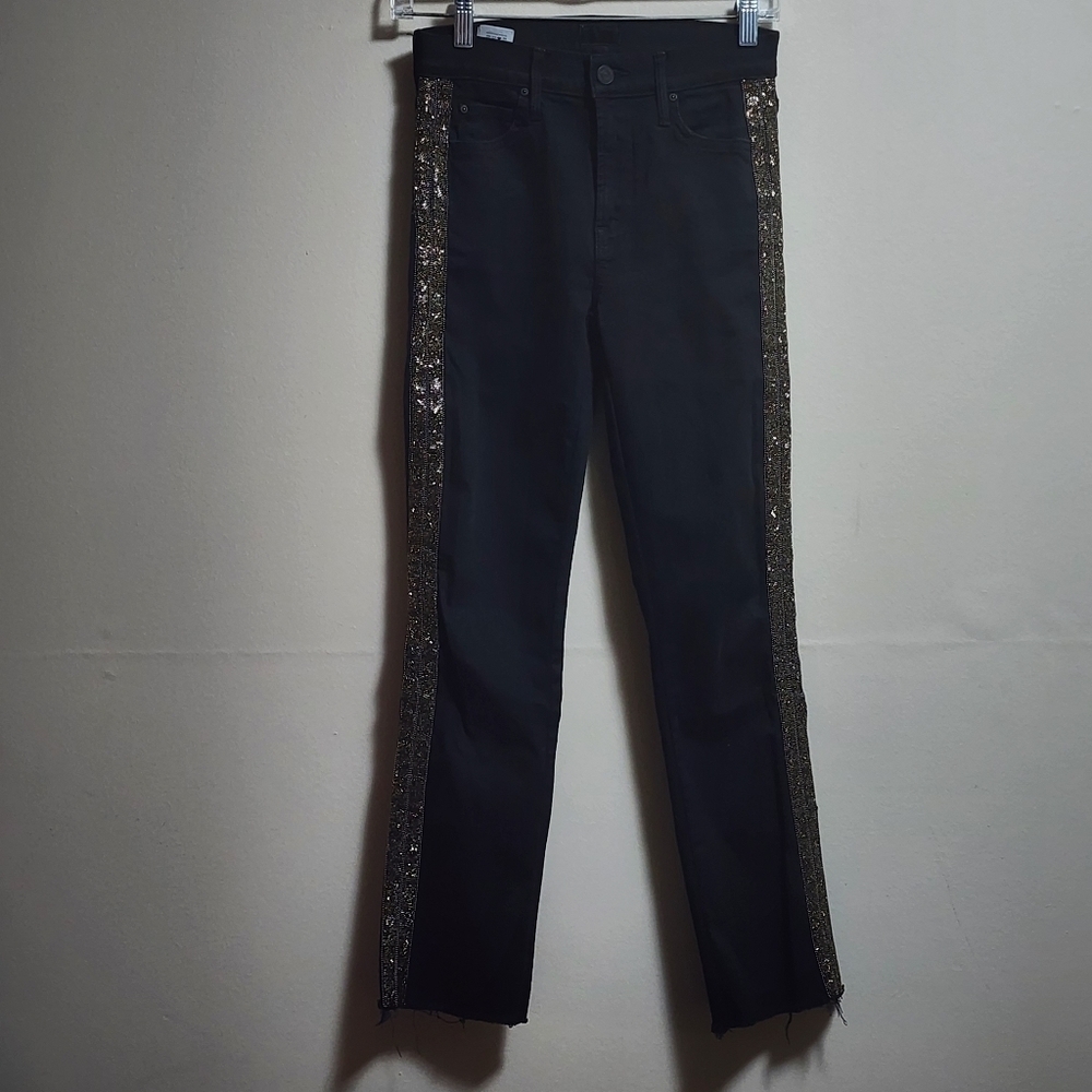 Mother streched straight leg jeans with golden embellishments on the side